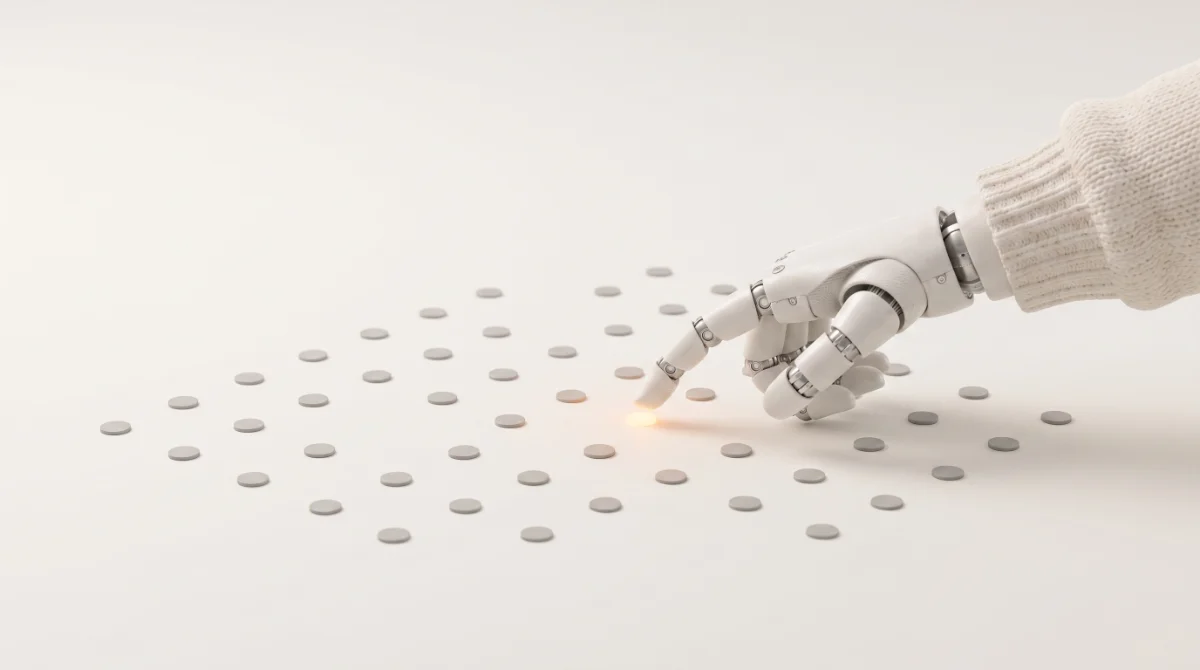 Roboterhand zeigt auf den einen leuchtenden Punkt im Raster