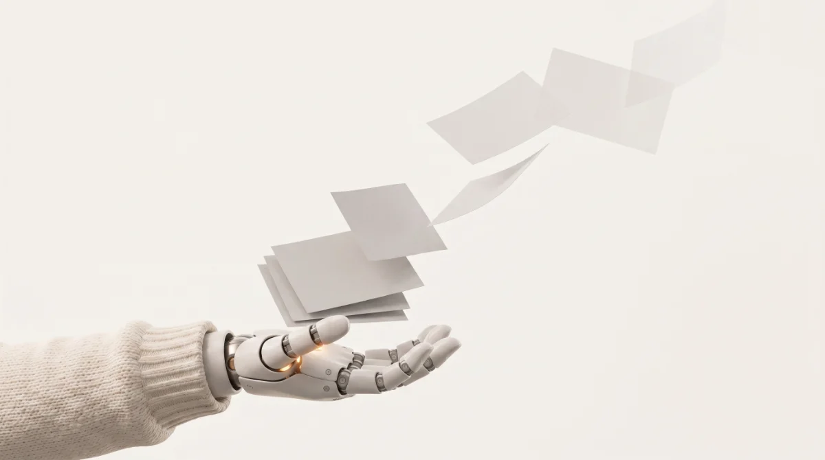 Geöffnete Roboterhand lässt Aufgabenkarten aufsteigen